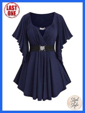 Plus Size Chain Panel Belted Surplice Top Butterfly Sleeve